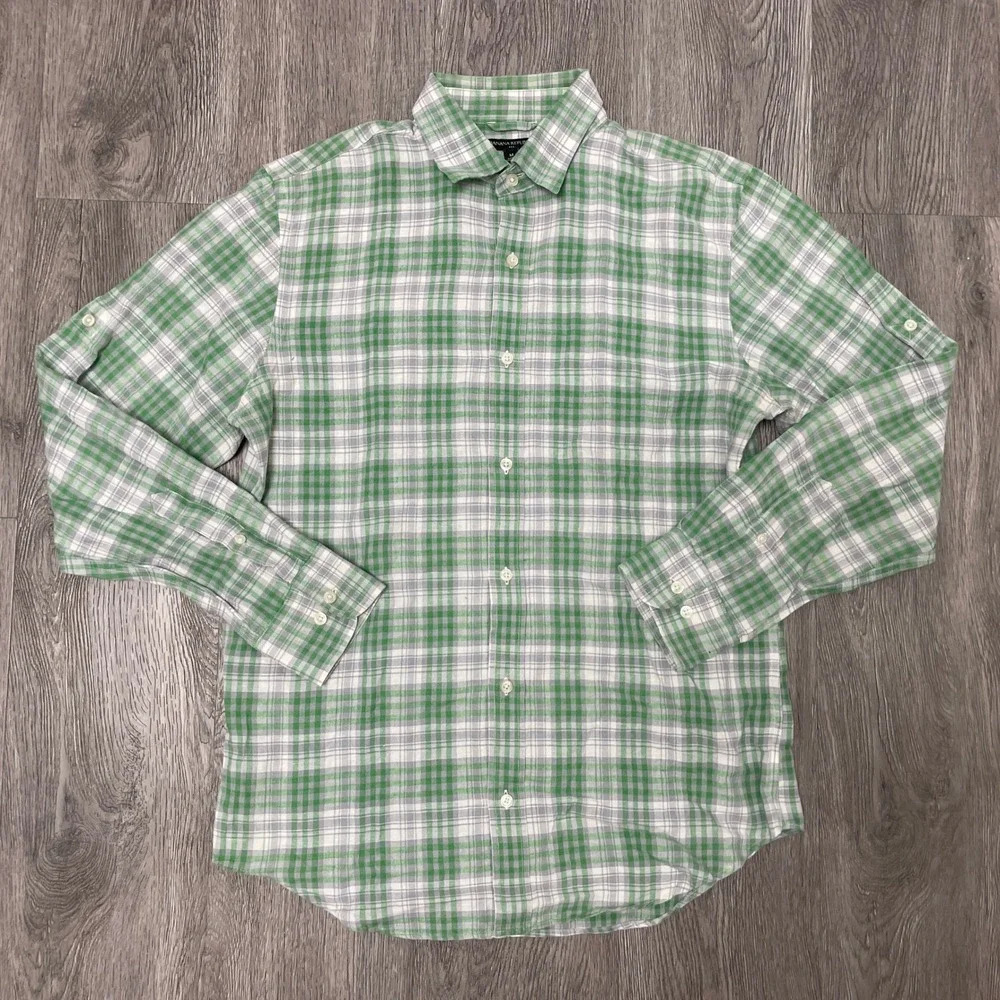 Banana Republic Shirt Mens Medium Green Plaid Linen Cotton Button Down